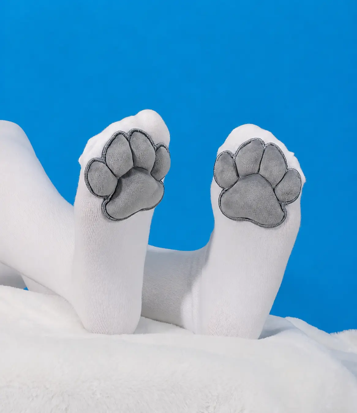Puffy Grey Mochi Cat Paw Pad Style Bean on White Thigh High Stockings