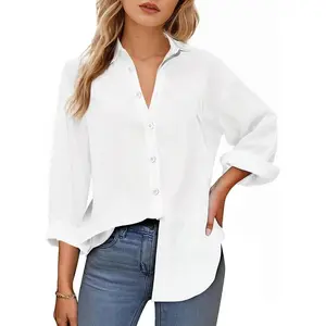 Plus Size Women's Long Sleeve Button-Up Blouse, Loose Fit Basic Casual Cute Top for Spring-Summer Womenswear