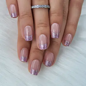 Curvlife short squoval french False Nails french pink glossy shiny Easy Apply Nail Art