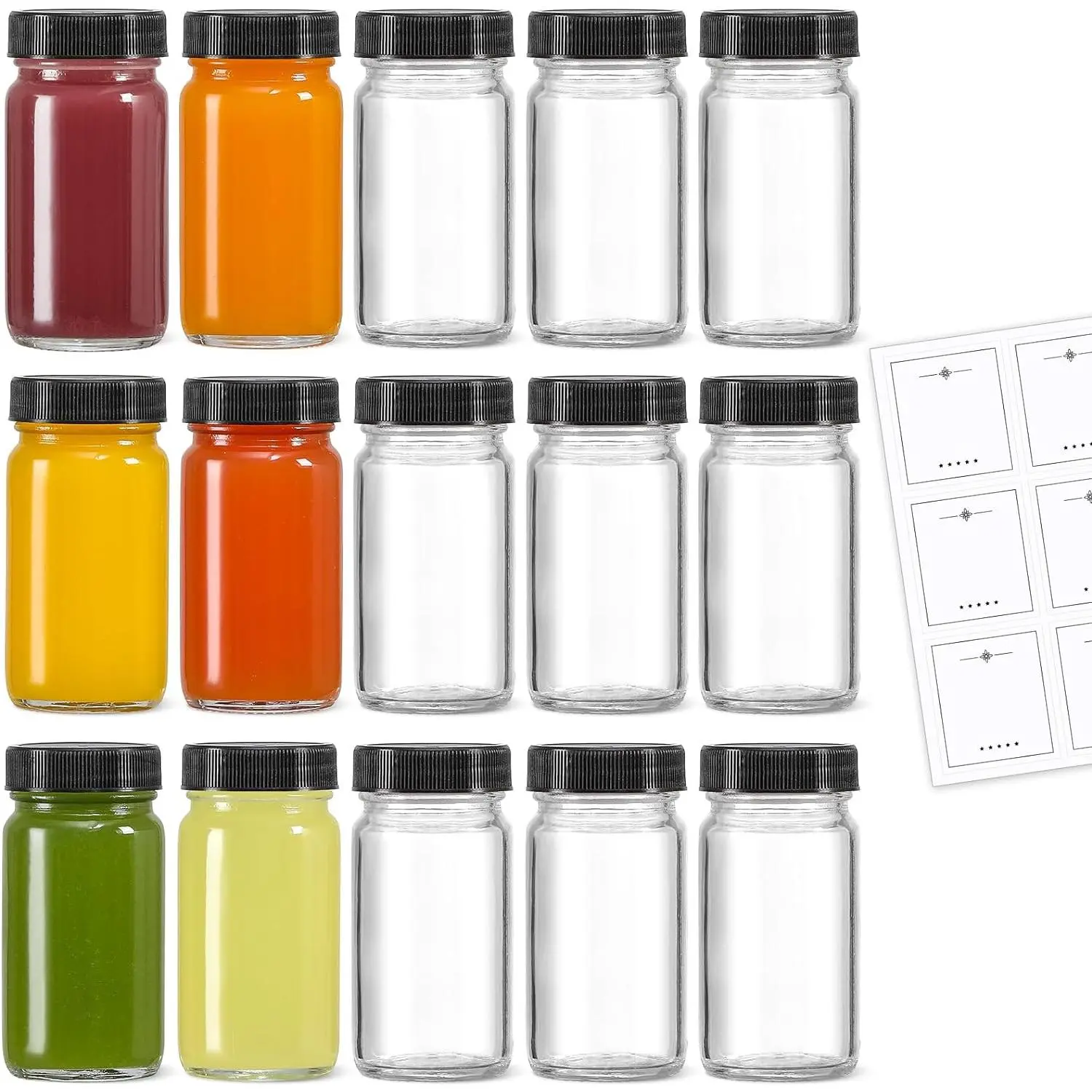 15 Pack 2 oz Glass Shot Mini Bottles w/ Black Lids & 15 Labels - Small Clear Jar for Ginger, Wellness Shot, Juice, Sample, Whiskey - Travel Essentials - Wide Mouth, Leakproof, Dishwasher Safe