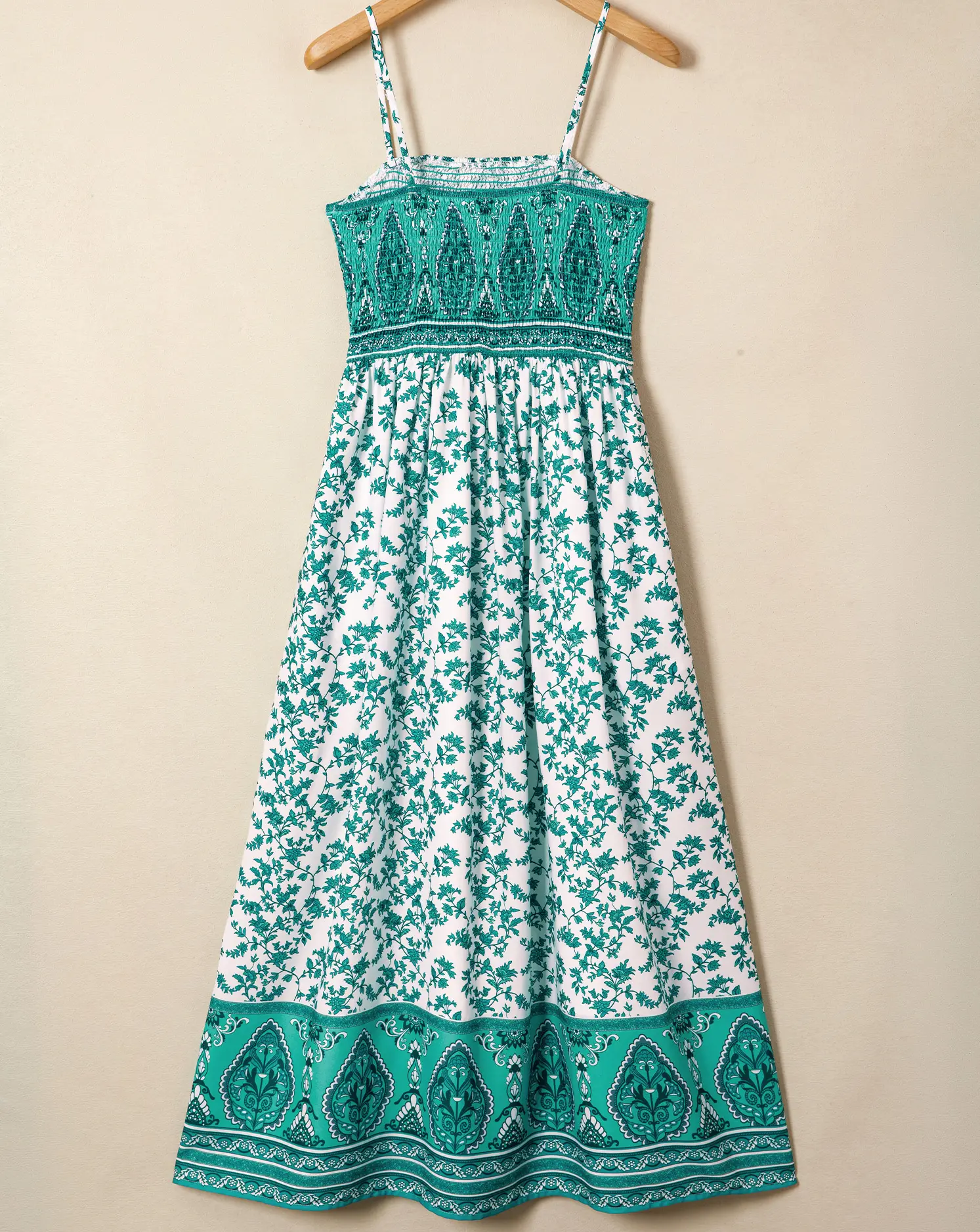 Women's Green Bohemian Floral Print Shirred Cami Maxi Dress - Lightweight, Breathable, Comfortable Custom-Fit Slimming Casual Wear for Women