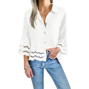 Womens 3/4 Bell Sleeve Button Down Shirts Casual Ruffle Hem Tops Eyelet Blouse