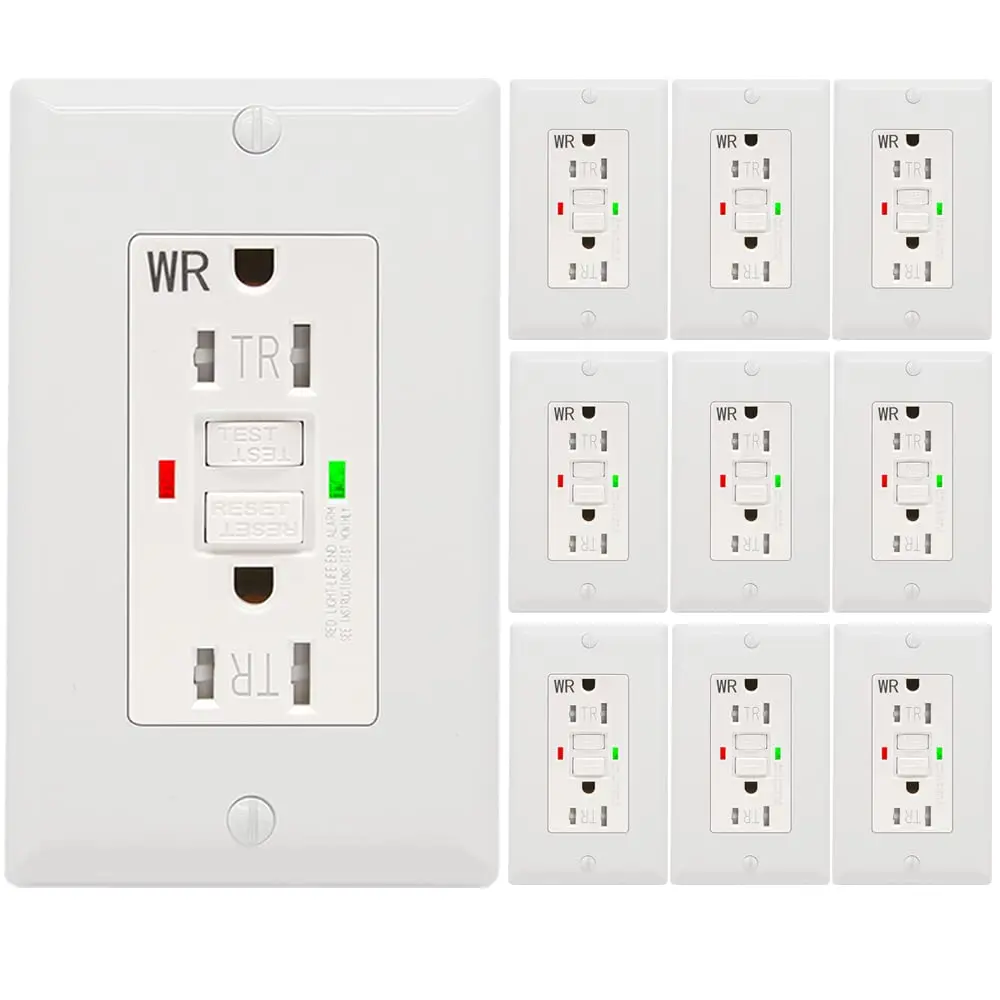 10 Pack -  GFCI Outlet 15 Amp, UL Listed, Self-Test GFI Receptacles, TamperResistant, Weather Resistant, LED , with Decor Wall Plates and Screws, Indoor or Outdoor Use (White)