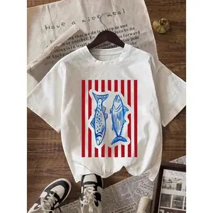 Women's pure cotton sardine print T-shirt, made of comfortable and soft fabric, suitable for everyday wear and food lovers.