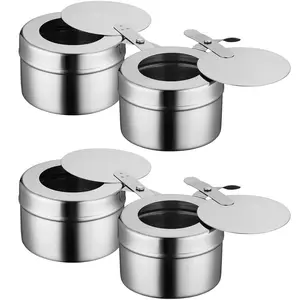 A set of 4 stainless steel fuel storage containers with lids, suitable for buffets, barbecues and catering events.(Without fuel)