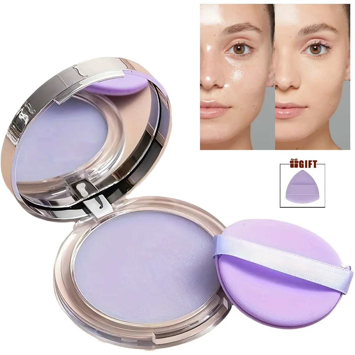 Transparent Translucent Ethereal Setting Powder Foundation, Lightweight Matte Finish, Oil Control, Portable Compact Daily Cosmetic Soft Matte Makeup Balm with Triangle Sponge & Mirror