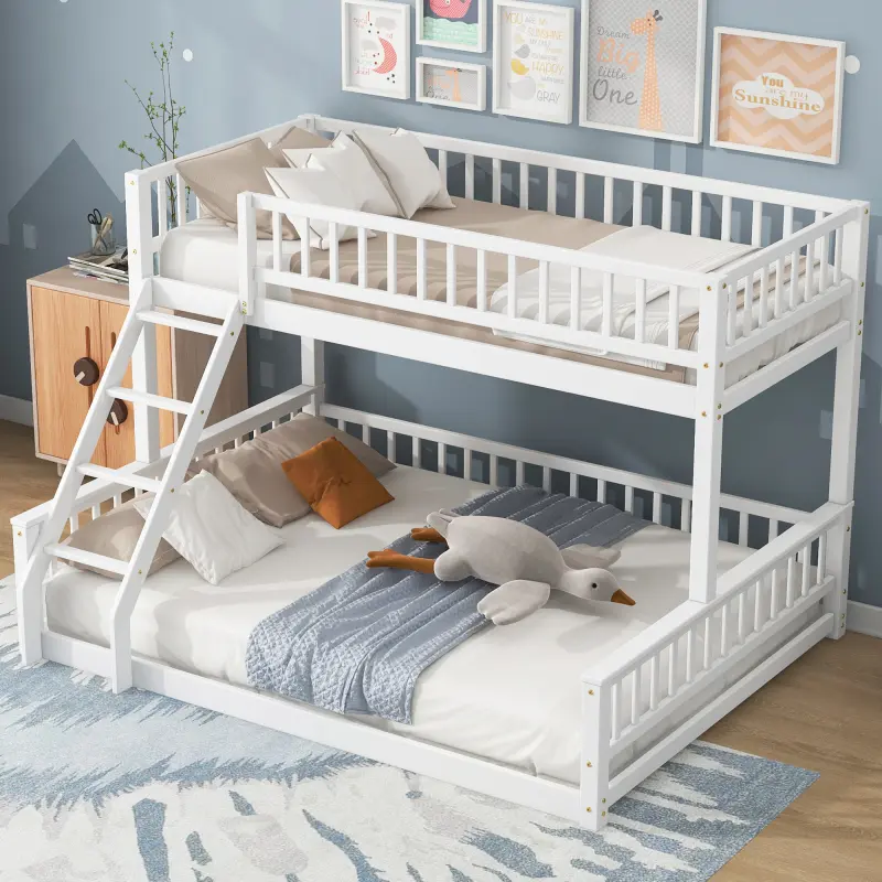 White Detachable Pine Wood Stacked Bunk Bed with Ladder, Guardrails, Solid Slats, Twin XL/Queen Size, 300lbs/400lbs Capacity, 84.7inL x 63.7inW, Total Height - 58.3'', Stacked Unit, Assembly Required