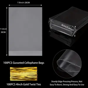 100 Pack Flat Bottom Clear Plastic Bags with Ties, Ideal for Party Favors, party gift packs, Candies, Cookies, Popcorn, Desserts, Bakery Gifts, Gift Wrapping Supplies