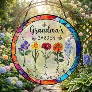 [CUSTOM] Grandma Garden Stained Glass Suncatcher Personalized Birth Flower Family Window Hanging Floral Ornament Gift for Nana Mimi Spirit Era Art