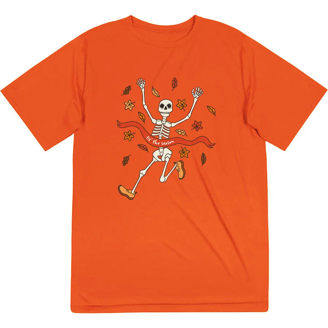 Men's Loose-Fitting Quick Dry Polyester Running Short Sleeve Performance Tee - Tis’ the Season Skelly Design, Slogan Sports T-Shirt, Sporty Tops, Halloween Running Gift for Male Runners, Comfortable for Long Miles
