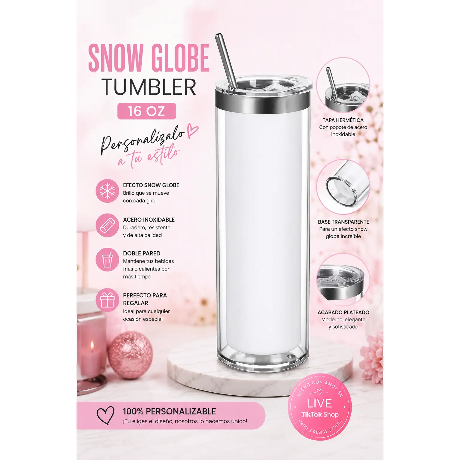 Snow Globe Tumbler 16 Oz Personalizable with Hermetic Lid & Double-Walled Design for Long-Lasting Drinks