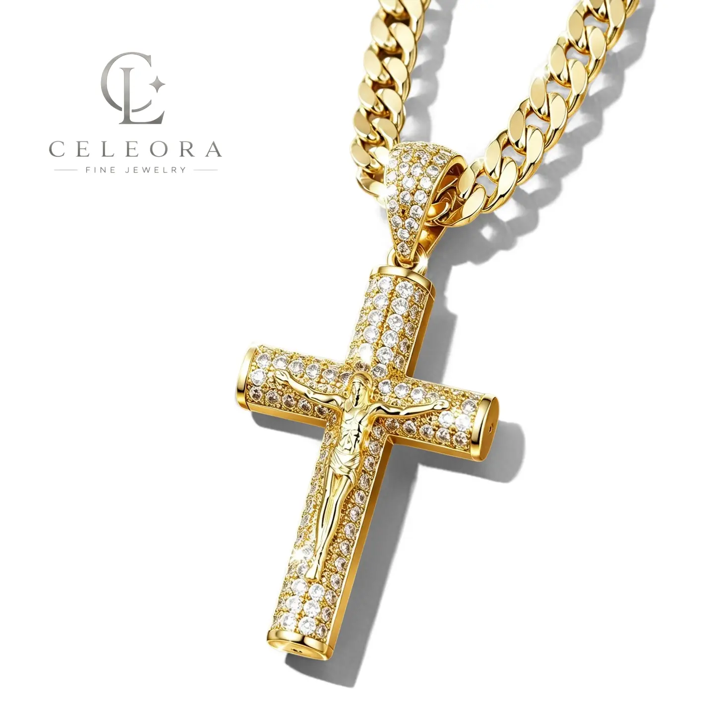 14K Real Gold Plated 6mm Cuban Link Necklace, 24 Inch Jesus Crucifix Cross Pendant, Tarnish-Free Hypoallergenic Sweat Resistant Miami Chain Jewelry Gift for Men