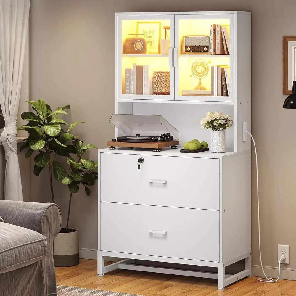 Sikaic 2 Drawer File Cabinet with Lock, Printer Stand with Charging Station, LED Light, Bookshelf and Acrylic Display Door, White