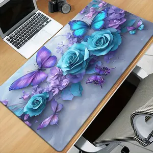 1pc, Featuring a Purple Butterfly And Blue Rose Design, This Printed Desk Pad Is Ideal for Gaming And Office Decoration. It Has a Non-Slip Rubber Base And Is an XXL Size, Making It a Versatile Mouse Pad for Various Uses