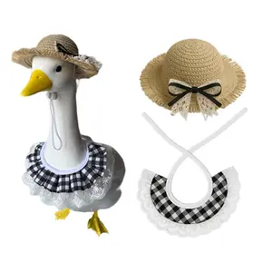 Porch Decor Goose Summer Two-Piece Outfit — Straw Hat & Lace Plaid Scarf — Suitable for 23-Inch Lawn Decor Geese (Garden & Yard Decoration)