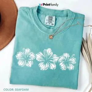 Comfort Colors Hibiscus Flower Shirt, Tropical Floral T-Shirt, Beach Tee, Summer Vibes Coastal Tee, Oversized Tee, Women's Print Short Sleeve Tee - Printfamily
