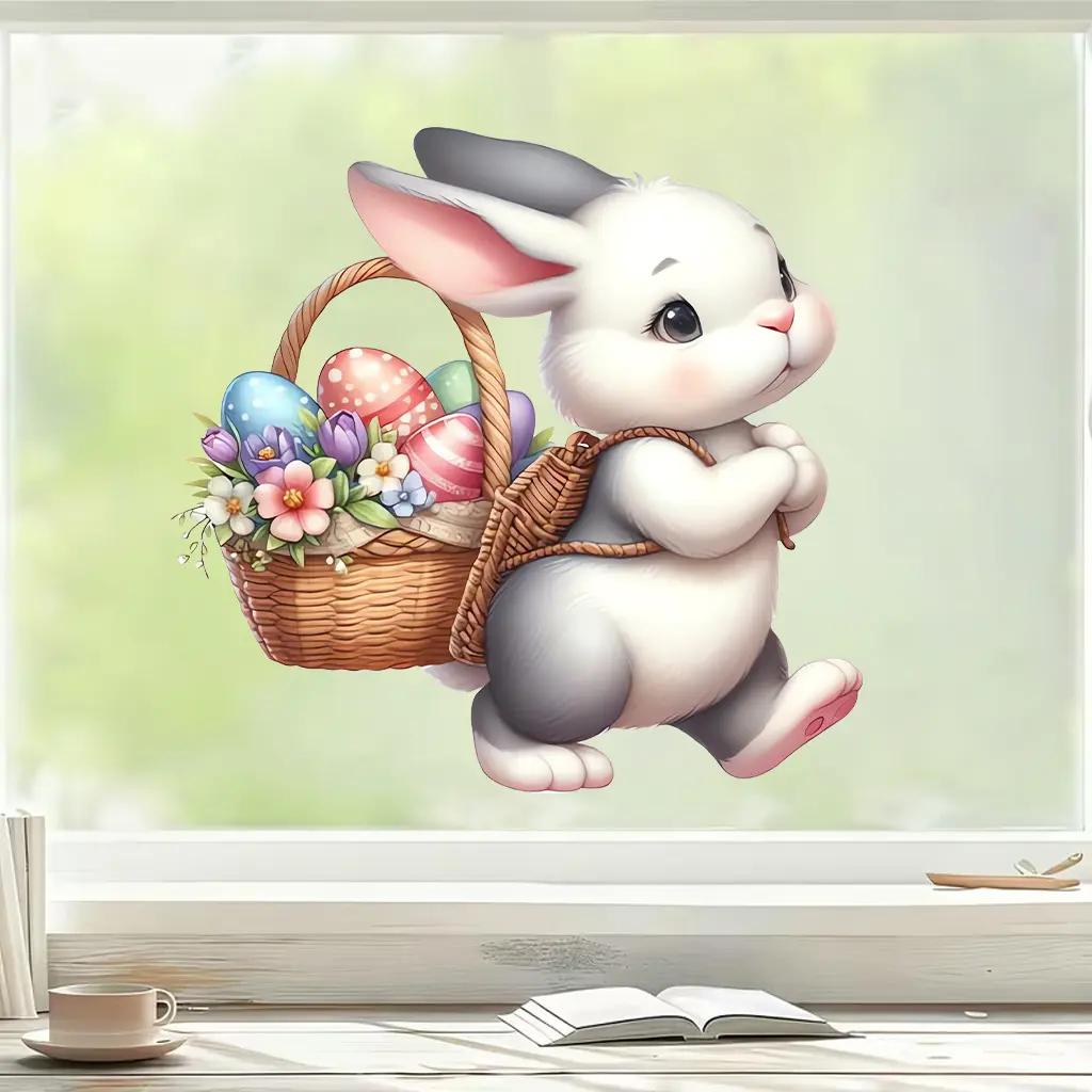 1pc Easter Cute Bunny in Basket Wall Sticker, Self-Adhesive and Waterproof Creative DIY Sticker, Wall Art Stickers, Suitable for Bedroom, Living Room, Study, Bathroom, Glass Decoration, etc., Creating a Warm and Ener