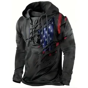 Men’s plus-size casual hoodie with American flag print, vintage-inspired geometric pattern, polyester knit fabric with slight stretch, regular fit hooded sweatshirt — clearance deals for country concerts today