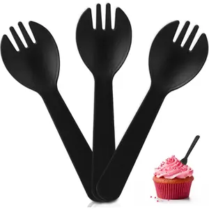 Mini Disposable Plastic Sporks - 100Pcs, 4.2 Inch Individually Wrapped Black Sporks for Desserts, Yogurt, Ice Cream, Fruit, Salad & Birthday Cake