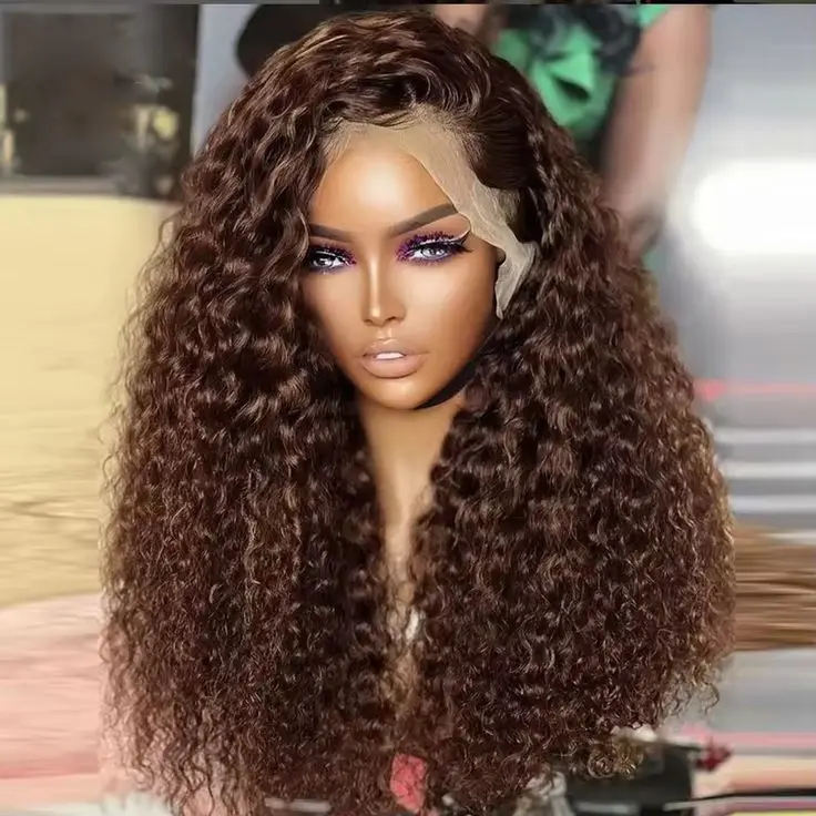 Bling Hair Chocolate Brown Deep Curly Wigs 13x4 13x6 HD Lace Frontal Wig 180 Density Curly Wave Colored Human Hair Wigs For Women