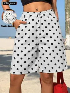 Women's High-Waisted Straight Leg Polka Dot Denim Shorts, Womenswear, Casual Versatile Vacation Style, Perfect Fit for All Body Types, Ideal for Daily Outings