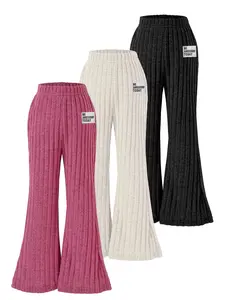 Girls' Clothing Set, Three-Piece Bell Bottom Pants, Soft Ribbed Fabric, Elastic Waistband, Perfect for Outdoor Activities & Parties, Casual Outfit Set