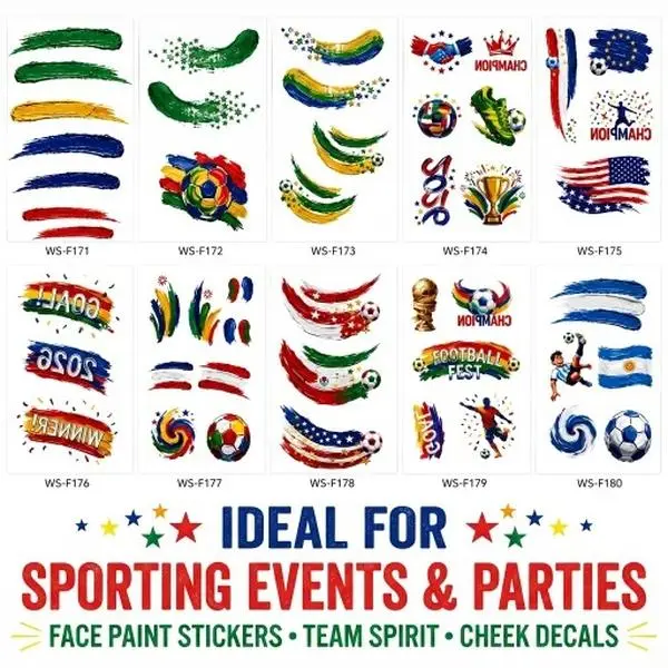 Soccer Flag Temporary Tattoos for Adults, Game Day Fan Accessories and Party Favors for Game Watching, Prop 65 Compliant, Team Spirit, Cheek Decals, Sports Fan Game Day Accessories