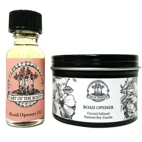 Road Opener Mini Spell Set with a 4 oz Crystal Infused Candle & 1/2 oz Conjure Oil