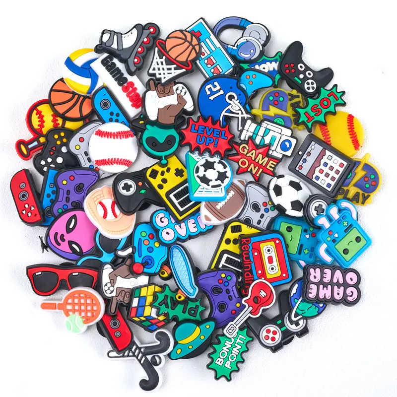 60Pcs Mixed Game & Sports Shoe Charms, Colorful PVC Cartoon Game Controller Ball Sport Ornaments, Trendy Video Game Football Basketball Baseball Accessories, Waterproof Decorations for Men Boys Teens Clog Sandals Rubber Wristband Bracelets