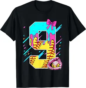 9th Birthday Softball Ice Cream Drip Bow 9 Years Gift T-Shirt - Cotton Fabric Youth Boys Girl T-shirt