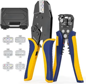 6 in 1 Crimping Tool Kit and Wire Stripper, Ratcheting Wire Crimper with 6 count Interchangeable Dies for Heat Shrink,Non-Insulated,Ferrule,Open Barrel,Insulated Connectors, men tool gifts