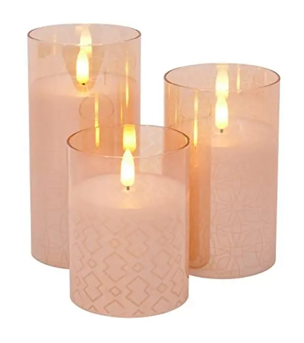 Mid Century Modern Flameless LED Glass Pillar Candles, Metallic Rose Gold, Set of 3, Battery Operated Decorative Candles, Flickering LED Home Décor, Modern Table Centerpiece