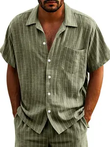 Men's Linen Striped Short Sleeve Shirt T-Shirt, Lightweight Breathable Fabric, Casual Stylish Fitted Basic Style, Regular Fit Men's Clothing