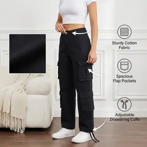 Women'S Black Cargo Pants with Multiple Utility Pockets - Stretchy Work Trousers, All-Season Formal & Casual Attire, Functional Workwear Pants for Women, Professional Casual Outfits, Elastic Waistband, Durable Denim, Loose Fit, Elastic Waist