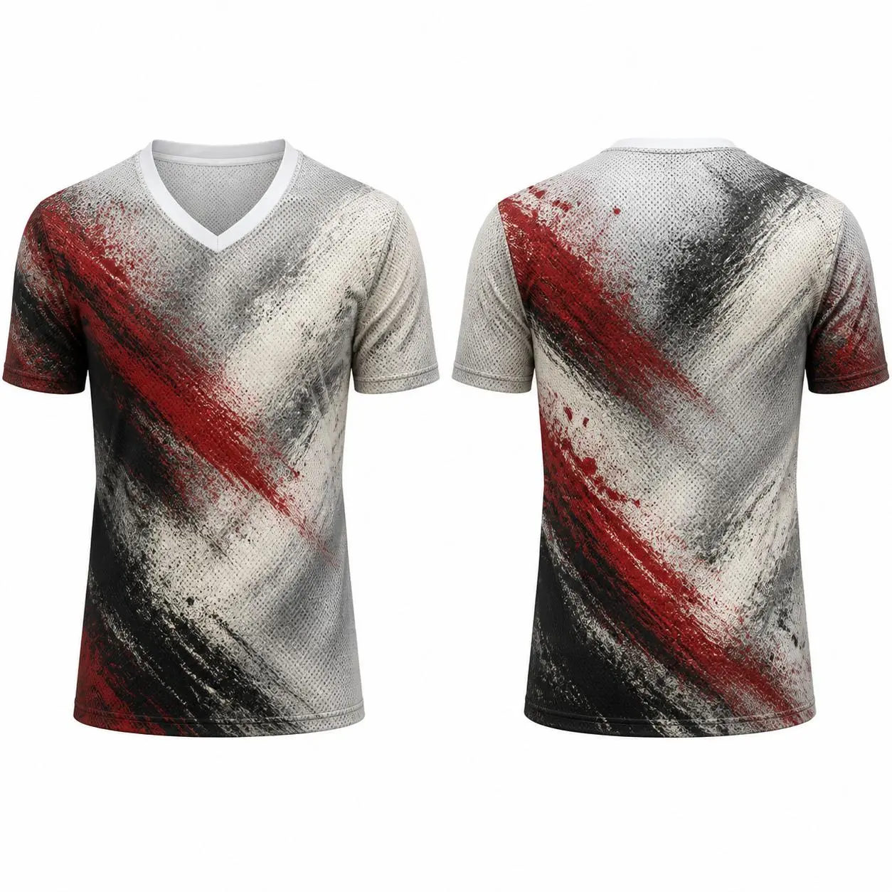 Dark Streetwear Crimson Dust Burst V Neck Mesh Shirt, Black All Over Print Short Sleeve Athletic Jersey, Unisex Casual Top for Men and Women