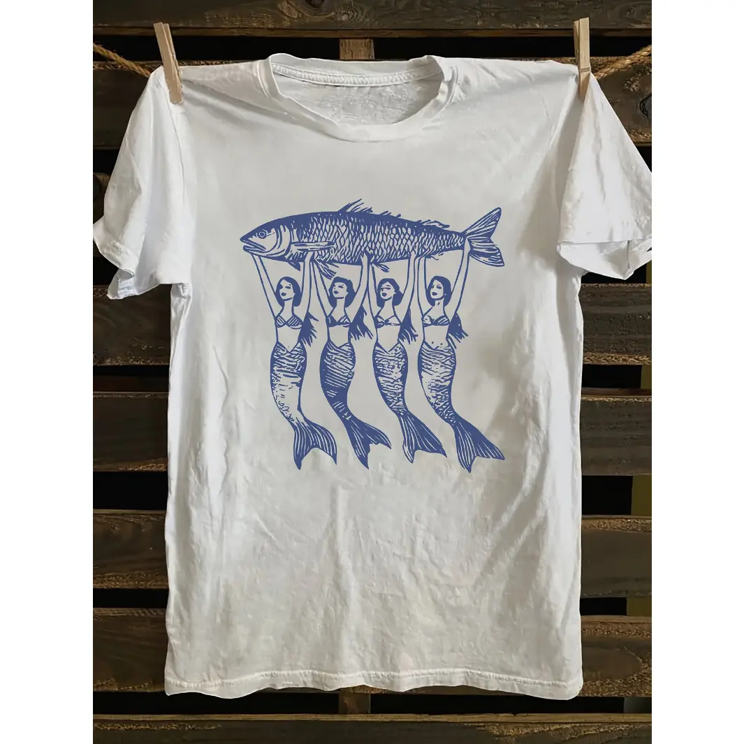 Womens Short Sleeve Graphic Tee Vintage Coastal Mermaid Fish Print Soft Crewneck Summer Beach Vacation Casual Everyday Streetwear Top