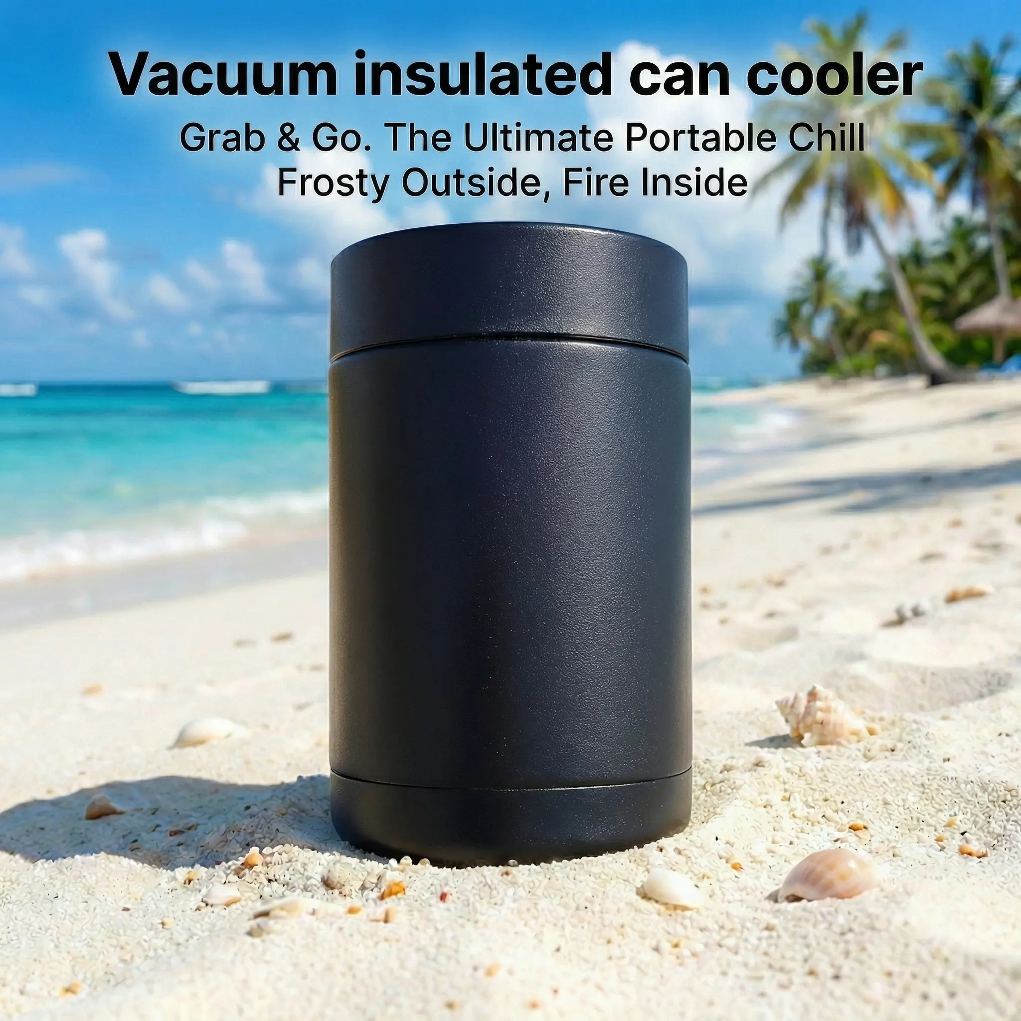 Stainless Steel Portable Vacuum Insulated Can Cooler for 12 oz Cans & Bottles, Powder Coated Black, Cupholder Friendly, Ideal for Tailgates & Party Favors