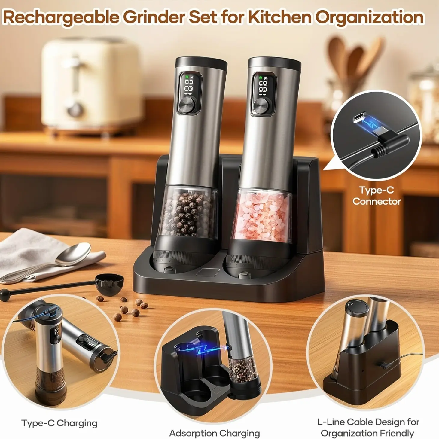 Rechargeable Electric Salt And Pepper Grinder Set - Extra Large Capacity with Base - Automatic Pepper And Sea Salt Grinder Set with Adjustable Roughness And LED Display - Kitchen Gift
