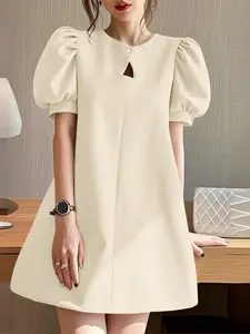 VONDA Elegant Korean Style Fit Women's Short Sleeve Round Neck Dress, Fashion Bubble Sleeves Pure Color A-Line Dress, Stylish Summer Casual Wear