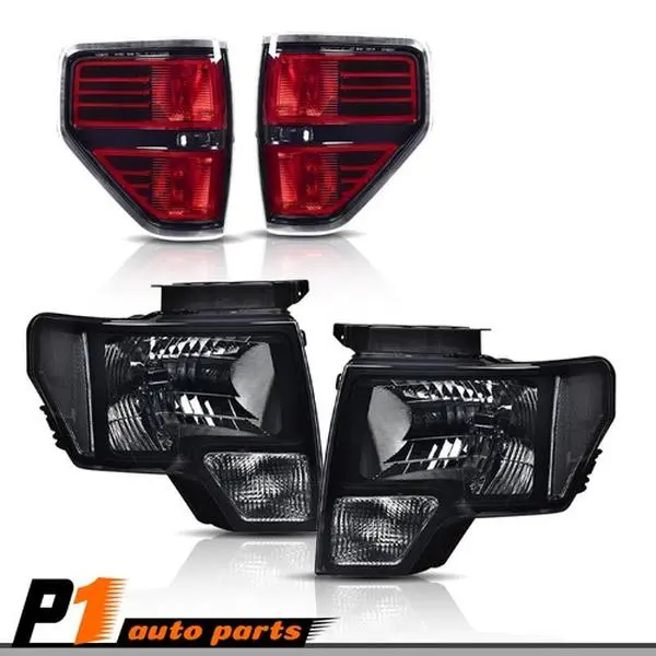 Smoked/Black Headlight Kit & Tail Light Brake Lamp Pair Set, Easy Install, Compatible with 2009-14 Ford F-150