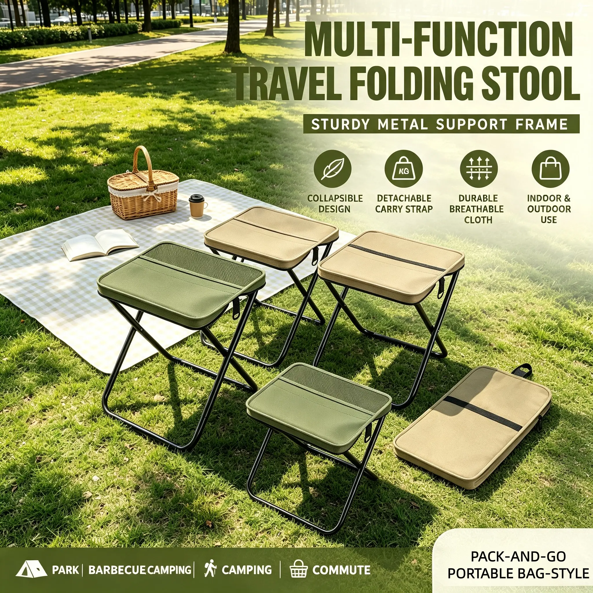 1‑Pack Folding Stool, Thickened Oxford Fabric, Stainless‑Steel Frame, Light‑Weight Portable Chair for Fishing, Hiking, Outdoor Picnic, Load‑bearing Up To 120kg