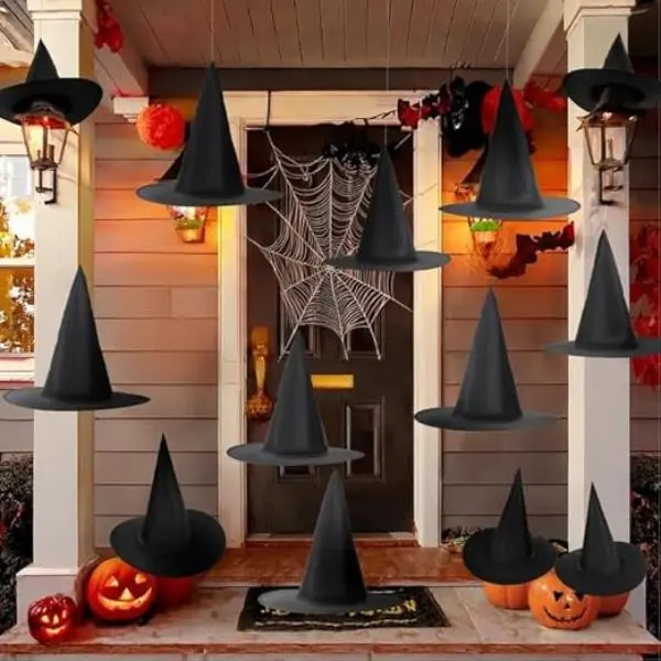 Halloween Decorations 6 PCS Floating Witch Hats, Black Hanging Witch Hat Set with 108 FT String, Halloween Party Decor, Indoor Outdoor Spooky Decorations