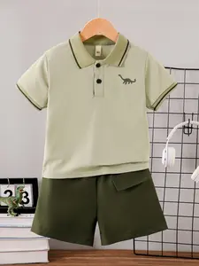 Boys' Summer New Set, Classic Fashion Polo Shirt Short Sleeve with Army Lightweight Breathable Casual Shorts, 2-Piece Comfortable Outdoor Set