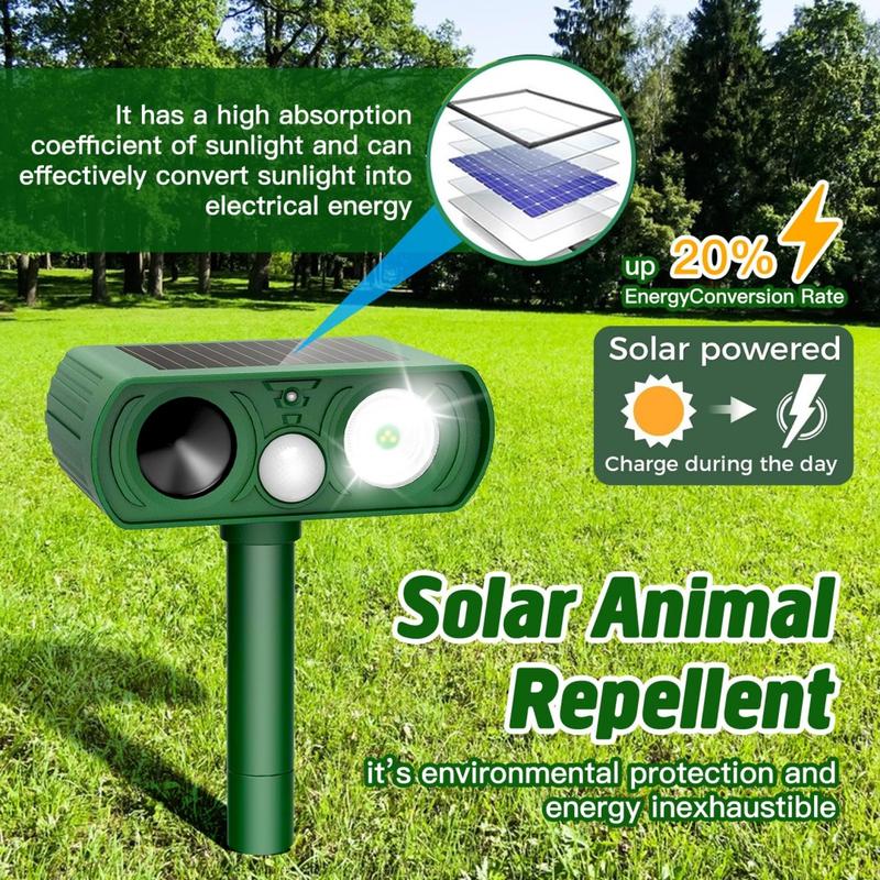 Solar Powered Ultrasonic Animal Repellent - Outdoor Safe Cat Repellent with Infrared Motion Sensor - Waterproof Deterrent to Scare Away Skunks, Rabbits, Raccoons, Snakes, Dogs, Bears, and Squirrels for Yards