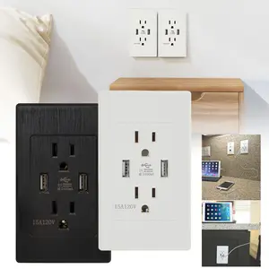 Black & White Dual Wall Outlet 15A 120V AC Power Built-in USB Ports Charges Phone+Gadgets Perfect for Bedroom/Desk