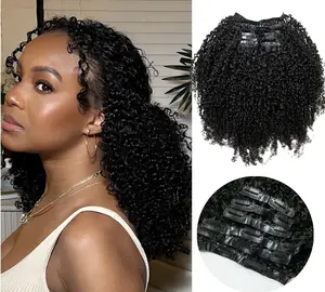 Seamless PU Clip in Hair Extensions Afro Kinky Curly Human Hair 4C Hair Clip in Extensions 7pcs 120g/set 10A Brazilian Virgin Natural Hair Clip Ins for Black Women Natural Black Color