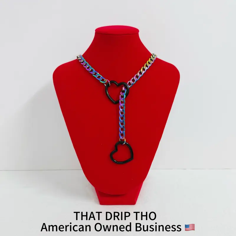 ThatDripTho Black Hearts Rainbow Chain Necklace, Heart Choker Slip Chain Necklace Adjustable Cuba Long Chain for Couples, Gf, Bf, Alt Jewelry for Alternative Women & Men, Goth Girl Alt Brat Fashion Chain Collar Necklace with Pull Chain