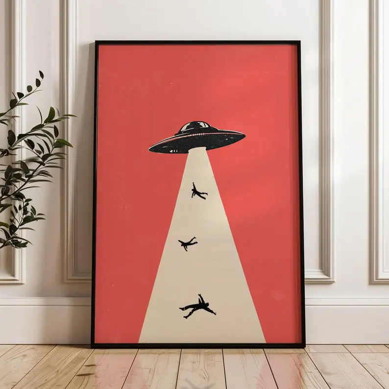 Alien Abduction Poster, UFO Poster, Retro Futurism, Whimsical Artful Poster, Spaceship Poster, Ufo Print, Y2k Poster Decor