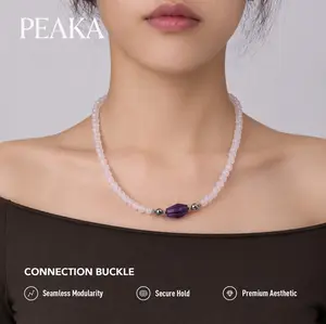Peaka Deep Amethyst Charm Pendant and Rose Quartz Necklace Jewelry Set for Women, Magnetic Clasp Jewelry