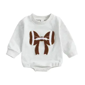 Baby Girl Bubble Romper Long Sleeve Crew Neck Bow Football Print Bodysuit Newborn Clothes